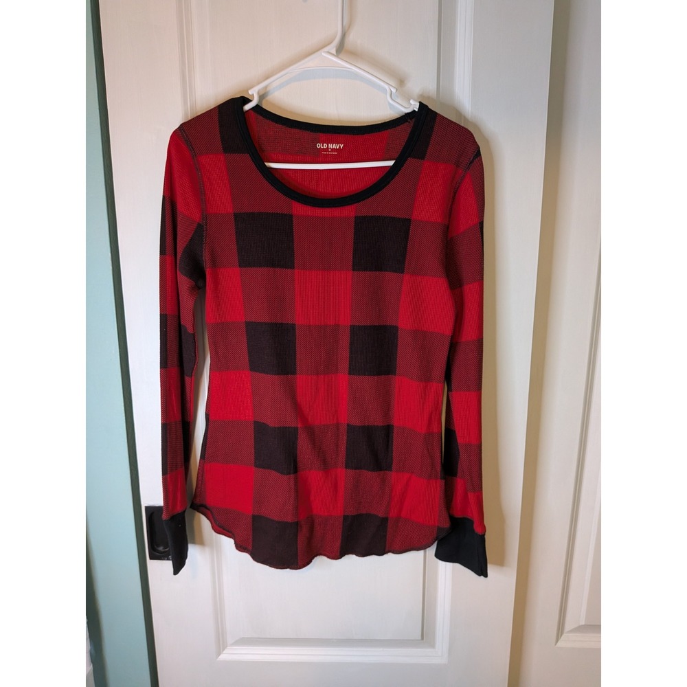 Old Navy Womens Red Black Buffalo Plaid Waffle Knit Thermal Long Sleeve Top M